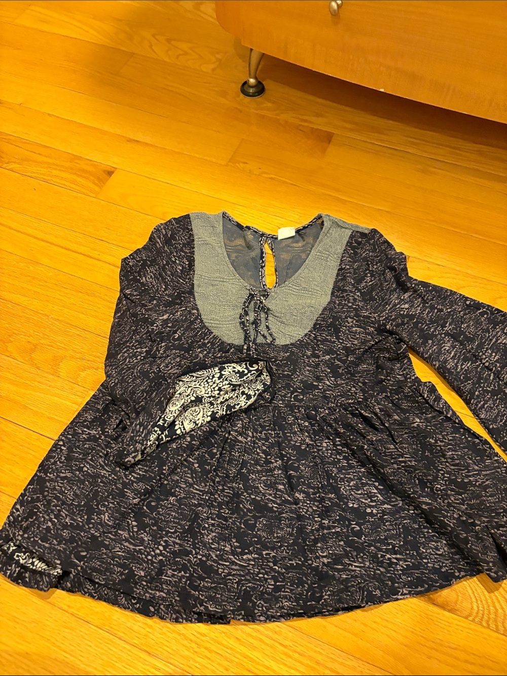 AKEMI + KIN Navy Patterned Peasant Blouse with Contrast Yoke small
